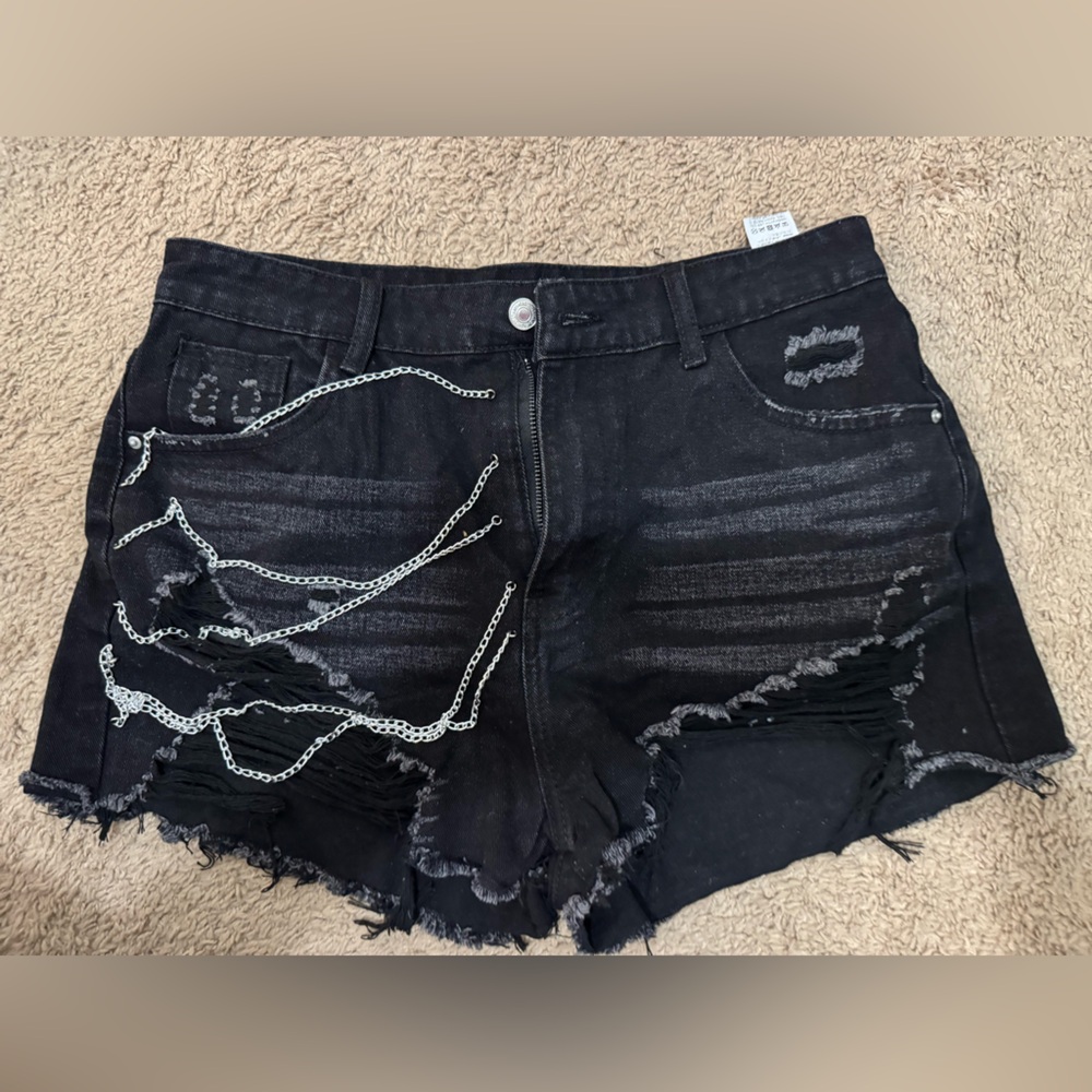 SHEIN Black Distressed Jean Shorts with Chains